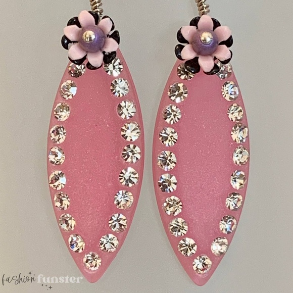 Vintage 1960s Floral Crystal Rhinestone Lucite Long Ellipse Dangle Drop Earrings - Picture 3 of 5